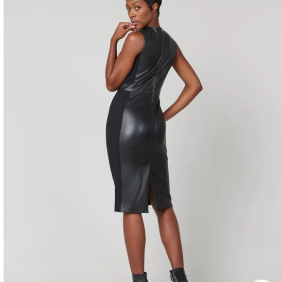 SPANX Leather Like Combo Sheath Dress Faux Leather Xsmall Black - Picture 3 of 12